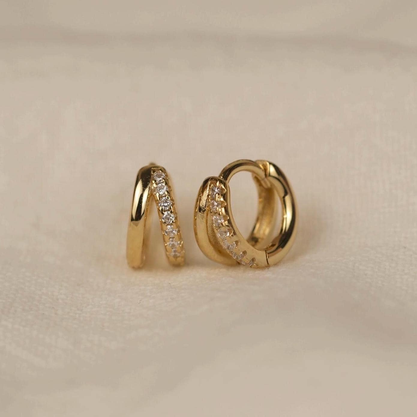 Double Hoop Diamond Huggie Earrings - 18k Gold Vermeil