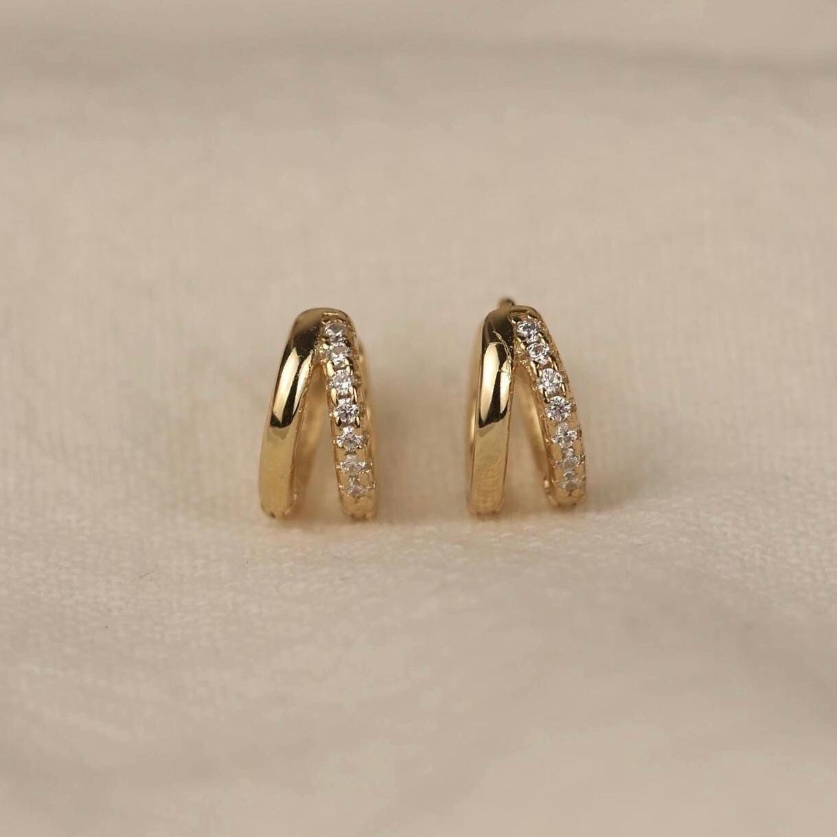 Double Hoop Diamond Huggie Earrings - 18k Gold Vermeil