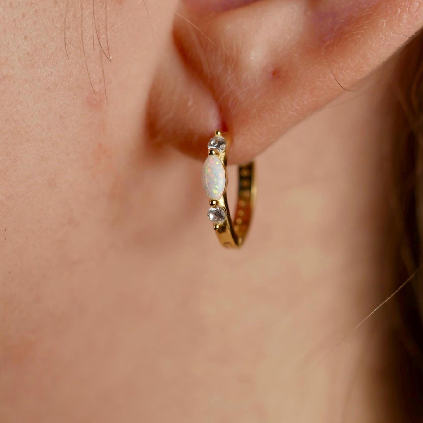 White Opal Huggie Earrings - 14k Gold Vermeil