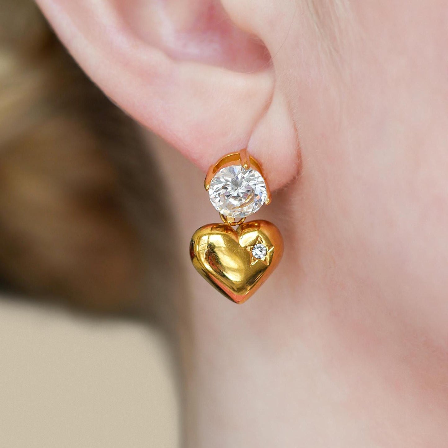 Diamond Heart Drop Earrings - 18k Gold Plated