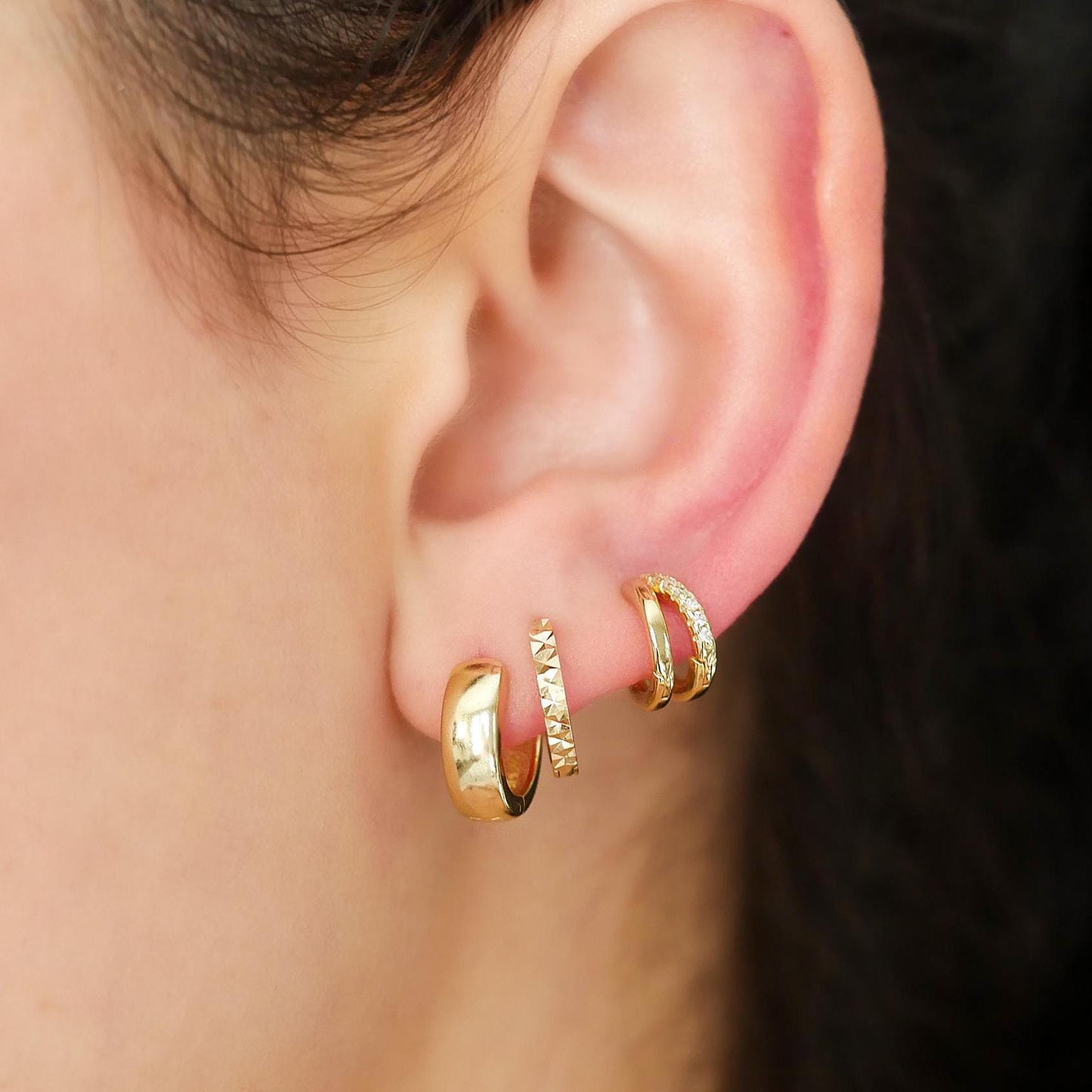 Double Hoop Diamond Huggie Earrings - 18k Gold Vermeil