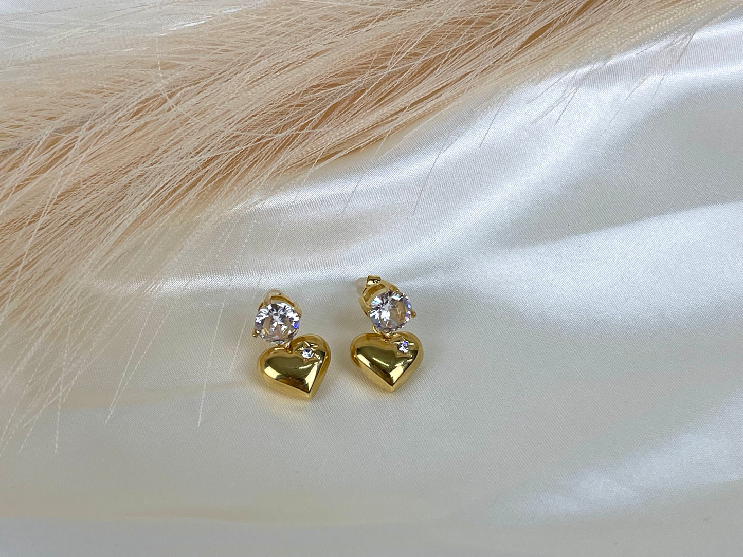 Heart Diamond Drop Earrings - 18k Gold Plated, CZ