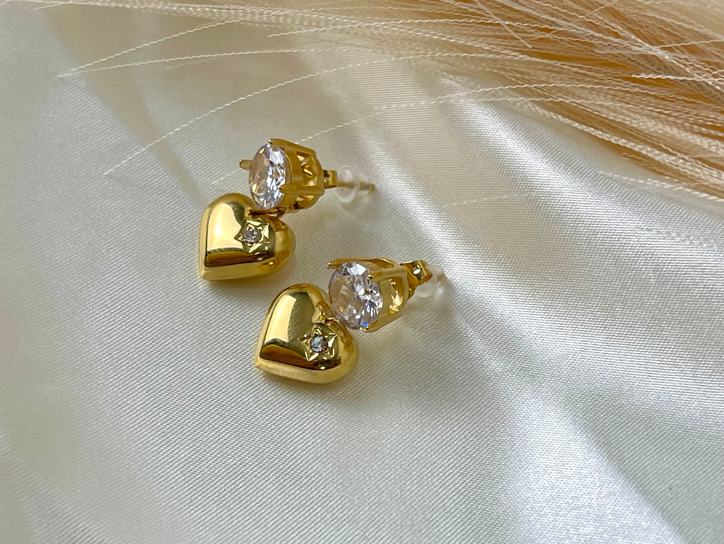 Heart Diamond Drop Earrings - 18k Gold Plated, CZ