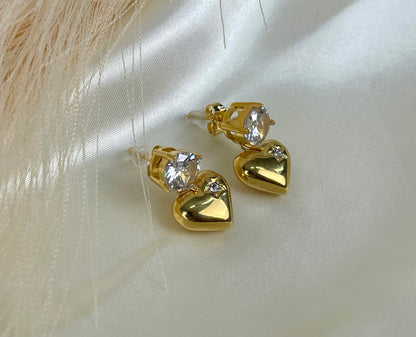 Heart Diamond Drop Earrings - 18k Gold Plated, CZ