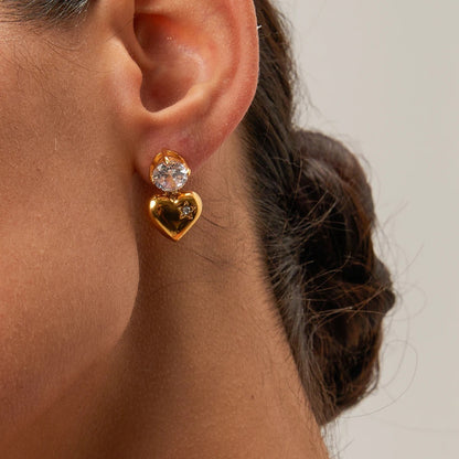 Heart Diamond Drop Earrings - 18k Gold Plated, CZ