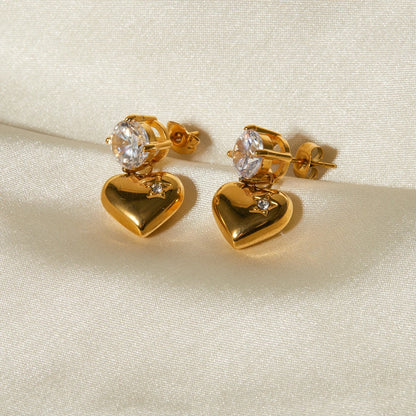 Heart Diamond Drop Earrings - 18k Gold Plated, CZ