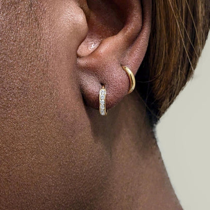 Everyday Lightweight Hoop Diamond Huggies -  14K Solid Gold