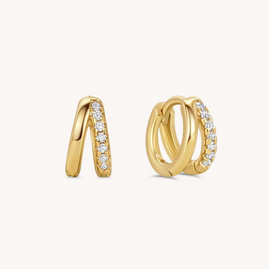 Double Hoop Diamond Huggie Earrings - 18k Gold Vermeil