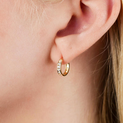 Everyday Lightweight Hoop Diamond Huggies -  14K Solid Gold