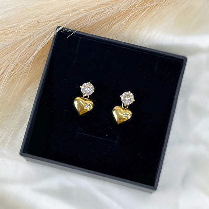 Diamond Heart Drop Earrings - 18k Gold Plated